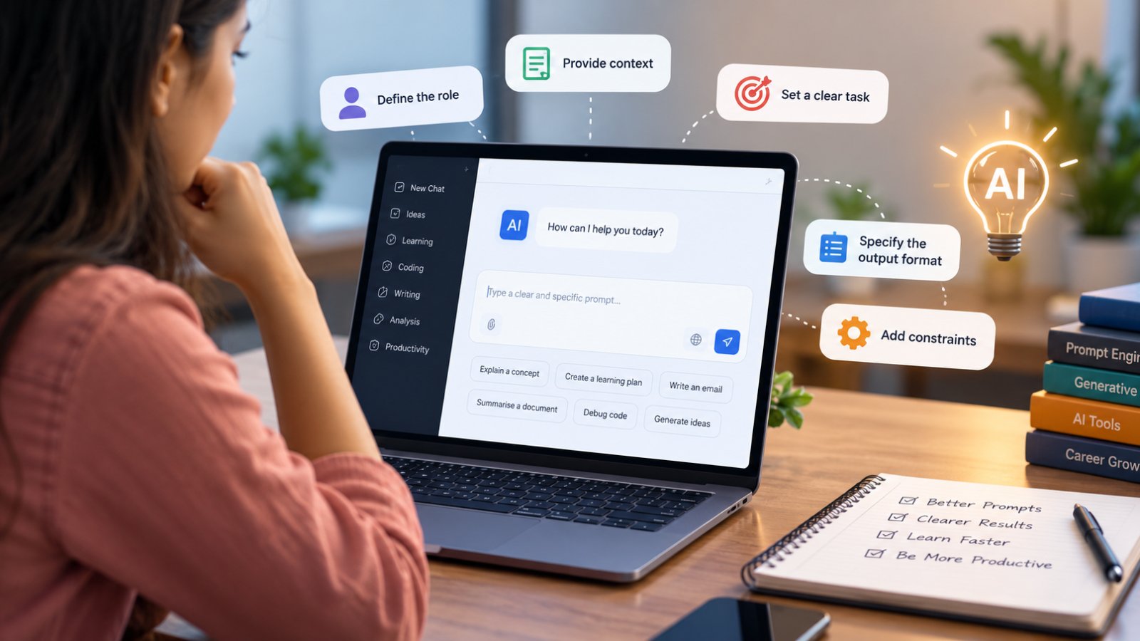 Professional illustration representing prompt engineering for beginners, with a laptop displaying an AI chat interface, structured prompts, and digital elements symbolising artificial intelligence and effective communication with AI tools.